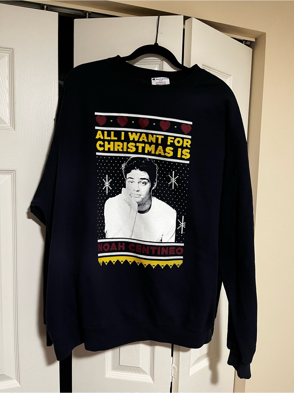 Champion Navy Crewneck Noah Centineo Holiday Graphic Sweatshirt.